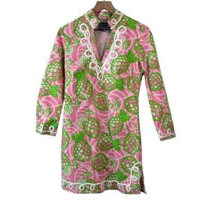 Sail To Sable Women Dress XS Pink Green White Pineapple Tunic Embroidered Resort